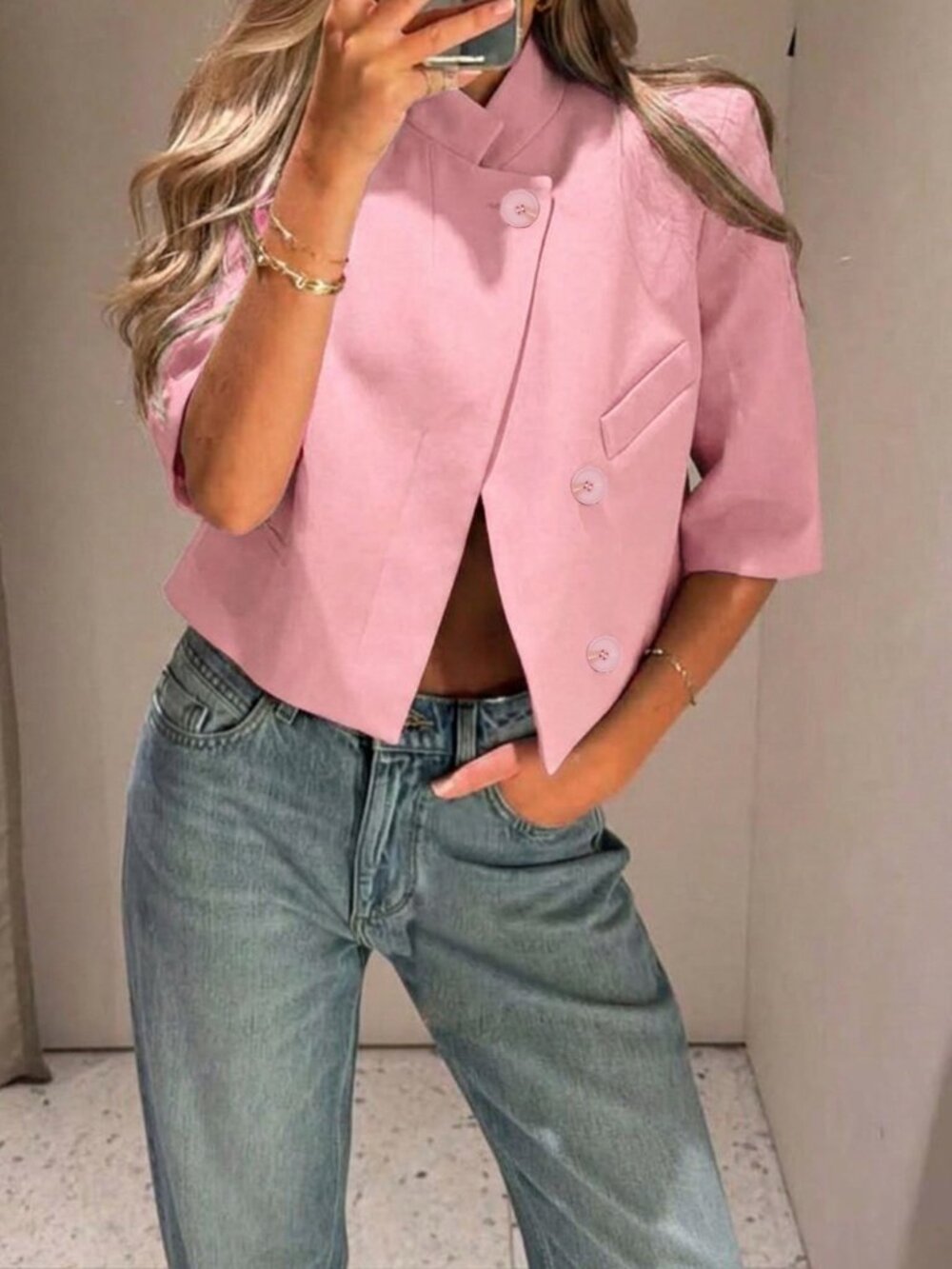 Pink Casual Women's Regular Fit Cropped Short Sleeve Blazer